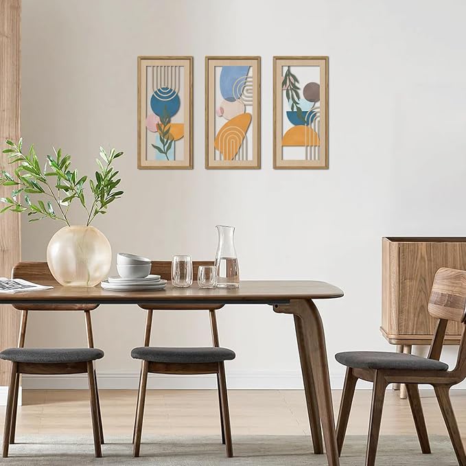 TOARTi 3PCS Boho Abstract Wooden Wall Art Mid Century Modern Wall Decor Minimalist Geometric Leaf Artwork For Living Room Decoration Mid-Century Geometric Botanical Wall Sculptures
