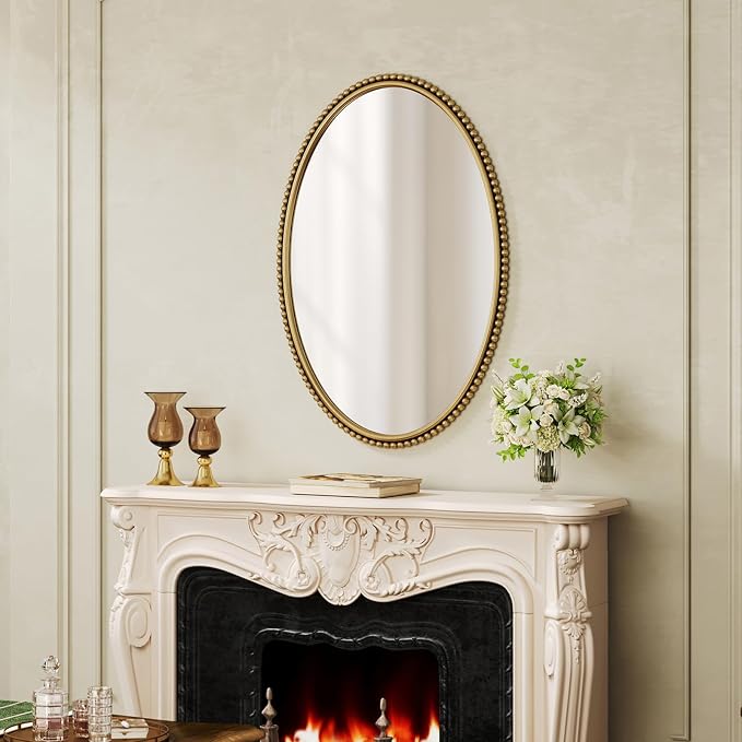 Uniclinens Gold Oval Beaded Mirror Decor - Large Decorative Vintage Oval Mirror for Wall Decor 24"X36" with Metal Frame, Ideal for Entryway, Fireplace, Living Room, Hallway, Bathroom
