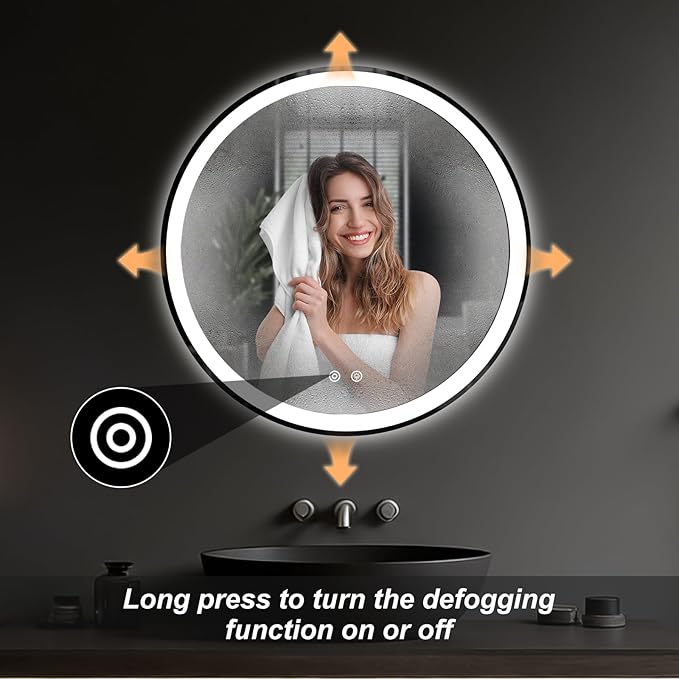 Sweetcrispy 28-Inch Round LED Bathroom Backlit Mirror with Lights, Circle Vanity Mirror with Anti-Fog, Dimmable, 3-Color Light, Memory Function, Tempered Glass