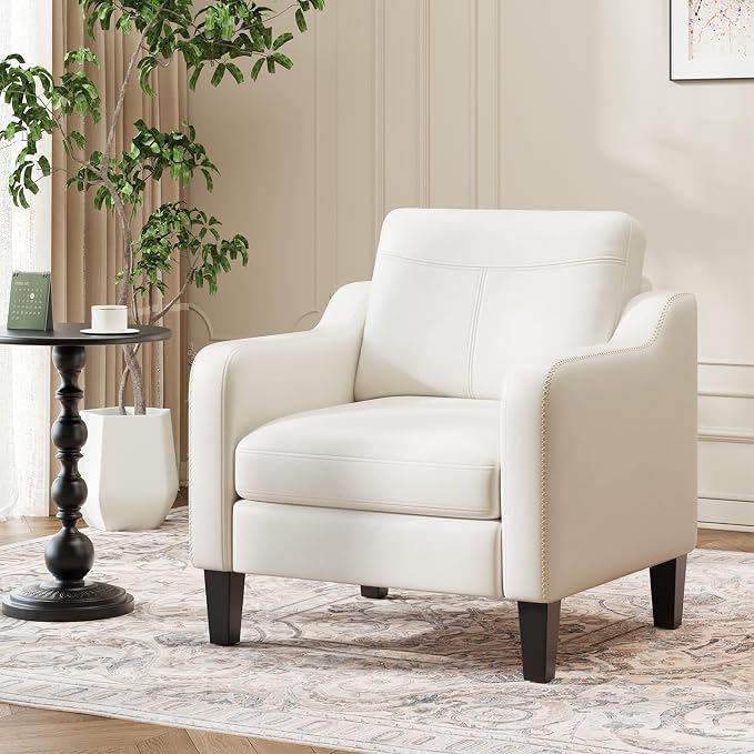 MALOL PU Leather Accent Chair, Mid-Century Modern Living Room Armchair Sofa with Removable Cushions, Solid Wood Frame & Stitched Armrest Design, Bedroom Chair with Plastic Legs, Beige