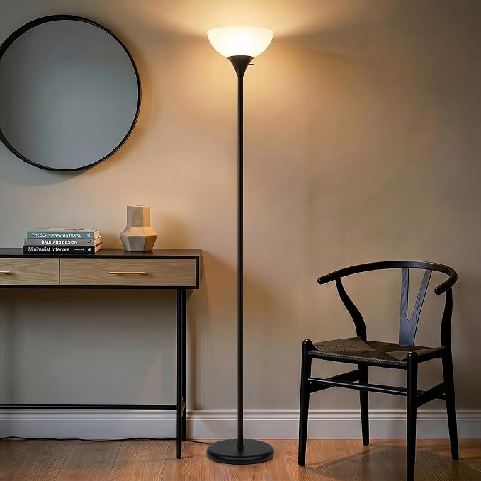 Brightech Sky Dome Dimmable LED Floor Lamp, Torchiere Floor Lamp for Living Room, Bedroom, & Office – Tall Torch Standing Lamp for Reading, Modern Home Decor – Jet Black
