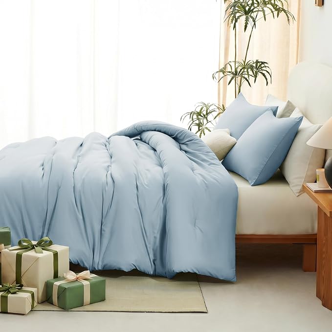 CozyLux Oversized King Comforter Set Light Blue, 3 Pieces 120"x98" Lightweight Down Alternative Quilted Bedding Sets, All Season Breathable Solid Comforter with 2 Pillowcases, Bed Set Gift for Home
