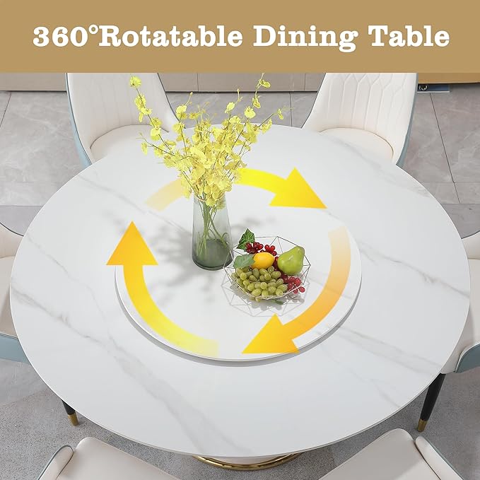 Round Marble Dining Table Set for 6-8, Kitchen Table, Dining Room Table Set Petal Pu Leather & Metal Base (1 Table and 8 Blue Chairs)