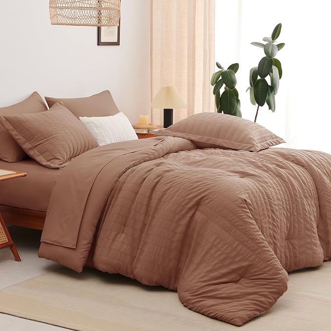CozyLux King Size Comforter Set Mocha Mousse, 7 Pieces Seersucker Textured Luxury Bed in a Bag, All Seasons Soft Bedding Sets with Down Alternative Comforter, Sheets, Pillowcases & Shams, Home Gift
