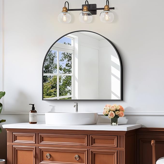 CIRCUMI Arched Wall Mirror, 30"x25" Black Arched Mirror with Tempered Glass, Metal Frame, Large Size for Entryway Table, Mantel,Living Room,Over Sink,Arch Mirror for Decor,Shatterproof&Crystal-Clear