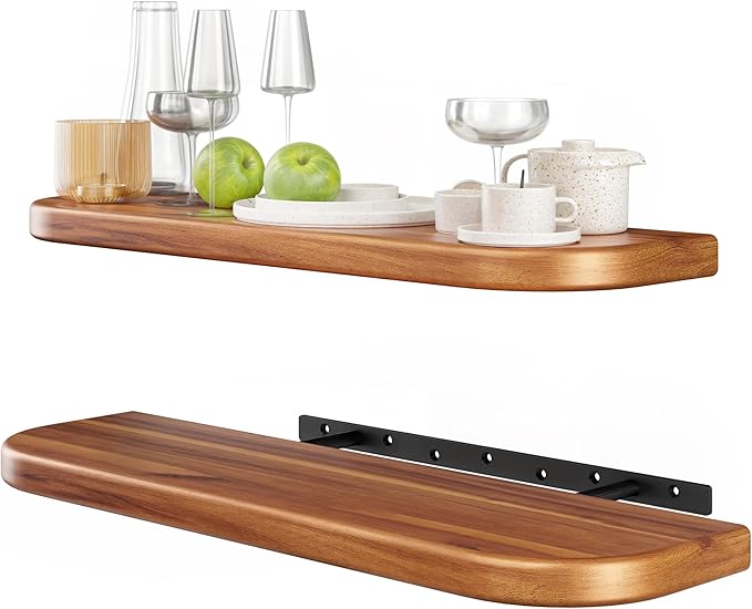 BATODA 24" Acacia Wood Floating Shelves Wall Mounted (Round Edge) – Rustic Farmhouse Wooden Wall Storage Shelf for Bedroom, Kitchen - Brackets and Shelving Hardware Included (Acacia,24 Inch Length)