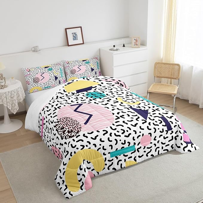 Manfei Memphis Comforter Set King Size, Vintage Hip Hop Quilt Set with 2 Pillowcases, Retro 80s or 90s Geometric Fashion Style Bedding Set 3pcs for Kids Boy Girls Lightweight Duvet Insert