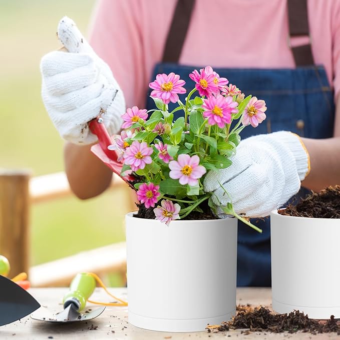 Meowell 12/10/8 inch Large Plant Pots, 3 Pack Deep Cylinder Flower Pots for Outdoor Indoor Plants, Tall Plastic Planters with Drainage Holes and Saucers for Garden House Plants, White