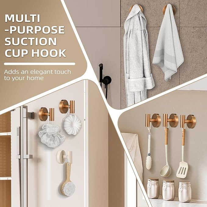 Suction Cup Hooks for Shower - Bathroom Reusable Hooks for Towels, Robes & Loofah - No-Drill Mounting on Kitchen,Walls,Metal,Glass,Mirrors,Tile & Smooth Non-Porous Surfaces (2, Champagne Bronze)