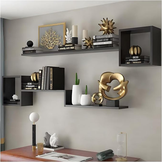 Wall Mounted Shelves Wooden Floating Shelf Home Decor for Wall, Sofa, Bathroom, Bedroom, Living Room, Kitchen, Office Black-2-layer 78"