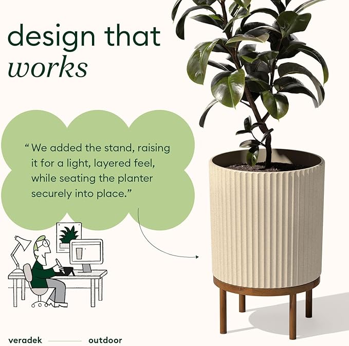 Veradek Demi Series Round Planter w/Stand for Porch/Patio | Durable Plastic-Stone Composite & Wooden Stand | Modern Décor for Tall Plants, Flowers