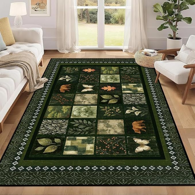 2'x3' Vintage Green Botanical Area Rug Non-Slip Washable Nature Patchwork Carpet Boho Floor Mat Rugs for Entryway Bedroom Living Room Nursery Kitchen Playroom Home Decor