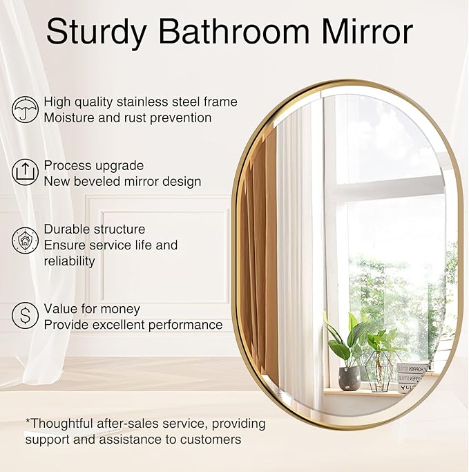 POZINO Gold Oval Mirror, Brass Beveled Mirror with Stainless Steel Frame, 28"x48" Large Rounded Rectangle Mirrors for Over Sink, Modern Oblong Vanity Wall Mirrors for Bathroom Bedroom Living Room