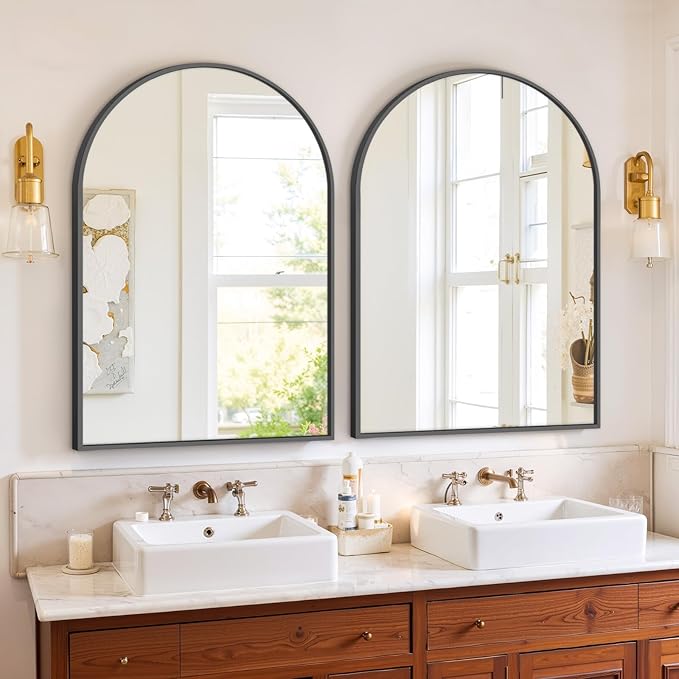 Bathroom Mirror for Wall, 30x20 Inch Arched Mirror, Matte Black Metal Framed Bathroom Vanity Mirrors for Restroom Farmhouse, Anti-Rust, Tempered Glass, Hanging or Leaning