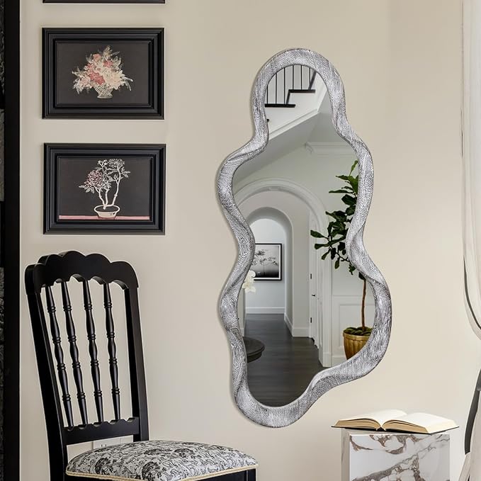 Irregular Asymmetrical Mirror for Wall Decor Large Modern Wooden Framed Wall Mirror Unique Shape Wall Mounted Vanity Artistic Wavy Mirror Decorative for Living Room Bedroom Bathroom Entryway
