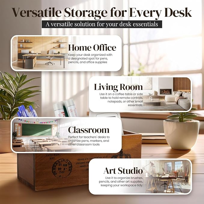 Flexzion Rustic Wooden Pencil Holder for Office - 3 Slots - Desk and Table Storage Organizer - Multifunctional Remote Control Holder for Home, School and Office
