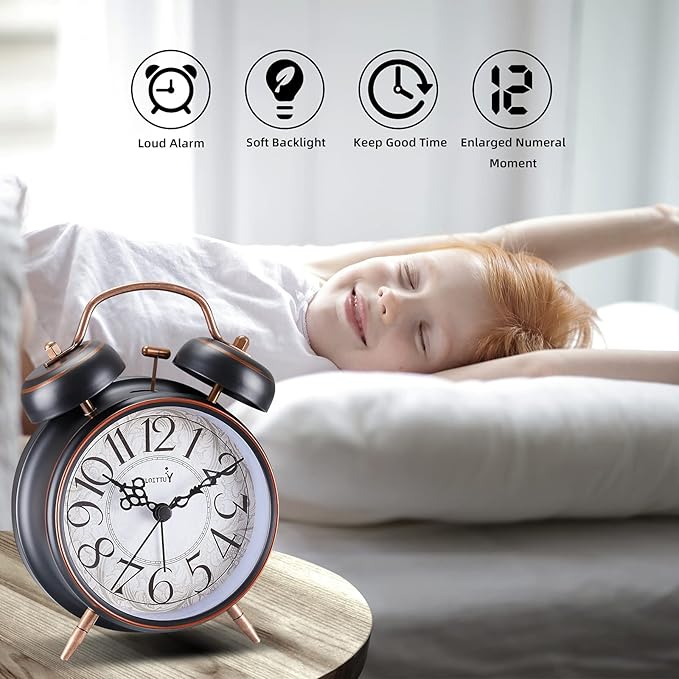 FLOITTUY Loud Alarm for Deep Sleepers 4'' Retro Twin Bell Alarm Clock with Backlight for Bedroom and Home Decoration(Retro Black)