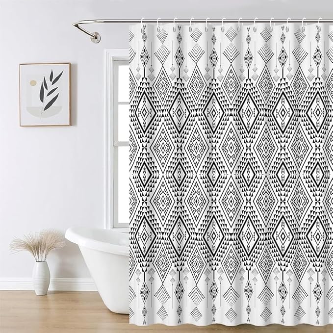 Bohemian Shower Curtain for Bathroom Black and White Geometric Pattern Shower Curtains Modern Abstract Minimalist Bathroom Decor Set Washable Waterproof Polyester Fabric with Hooks 69x75 Inch