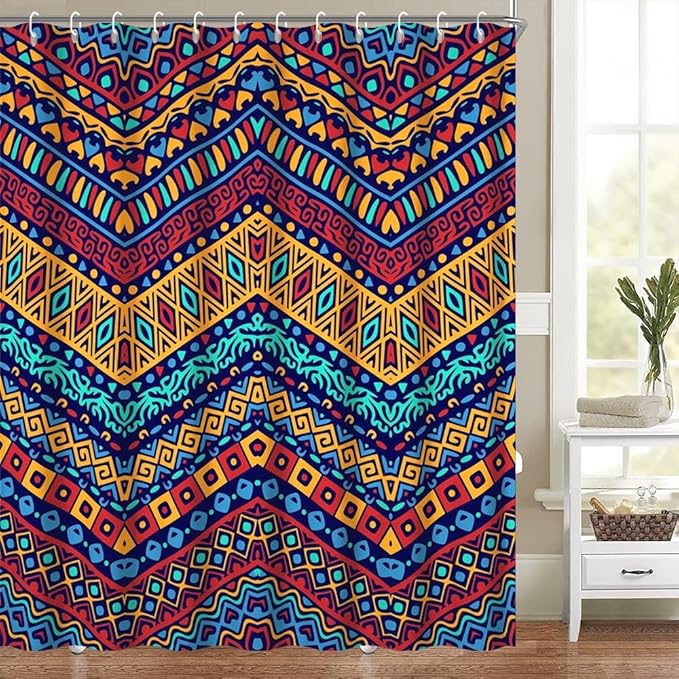 Mid Century Bohemian Shower Curtain for Bathroom Colorful Ethnic Geometric Design Shower Curtains Retro Abstract Aesthetic Bathroom Decor Set Washable Waterproof Polyester Fabric with Hooks 60x72 Inch