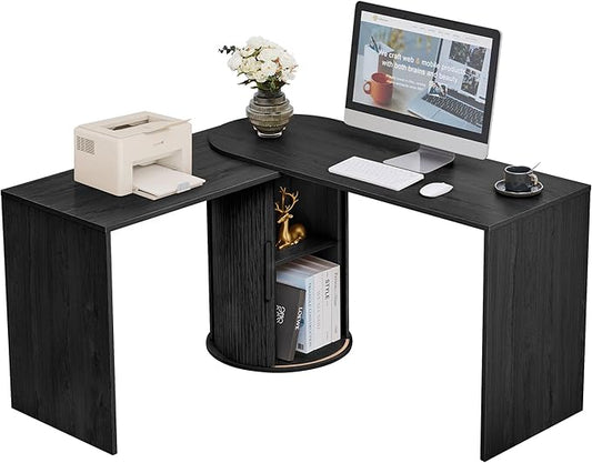 Fluted Computer PC Desk Table with Storage, Black Corner L Shaped Desk with Storage for Small Space, Modern Home Office Desk for Bedroom, for Writing, Executive, Study, Work - Black