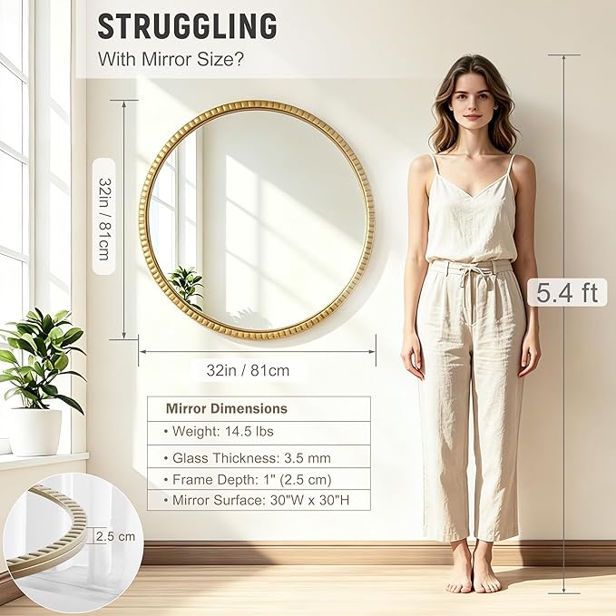 Large Beaded Round Gold Mirror 32" – Metal Frame Circle Wall Mirror, Simple Modern Accent Mirror for Bathroom, Vanity, Entryway, Living Room