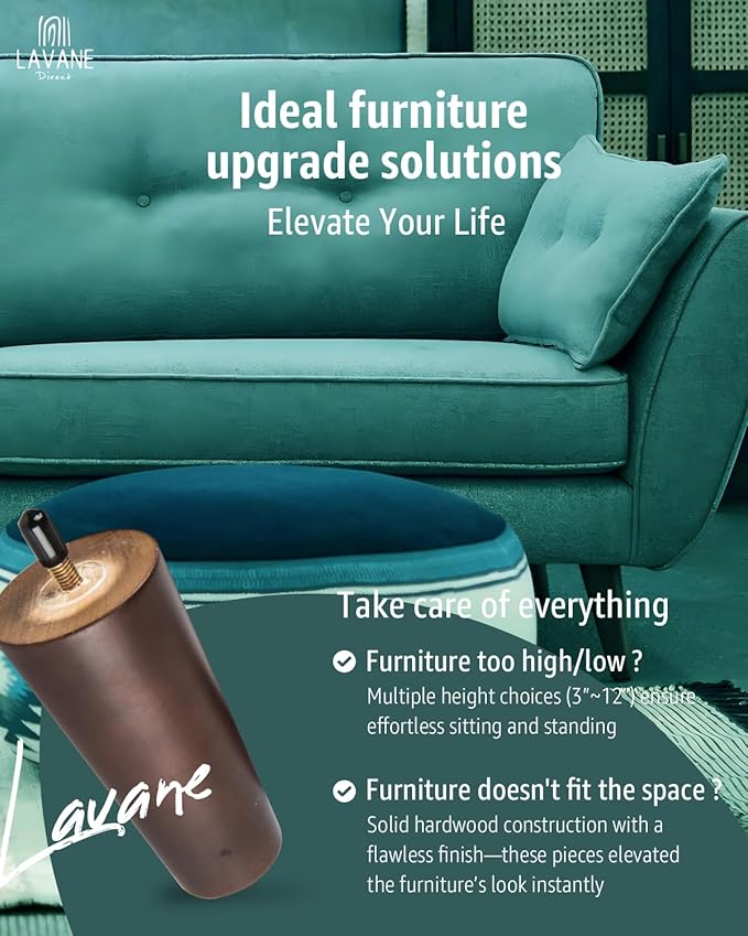 La Vane 4 inch Solid Wood Furniture Legs (10cm) - Walnut Finish Tapered Replacement Feet with 5/16 inch Thread & Mounting Plates - Set of 4 for Sofa, Couch, Cabinet, Ottoman