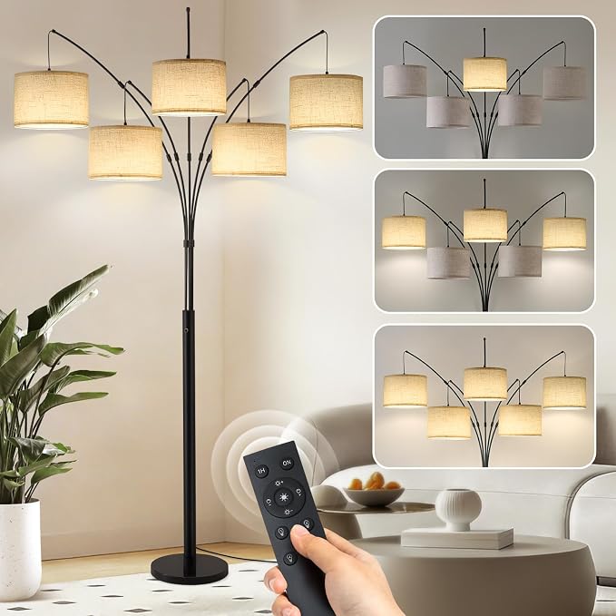 Floor Lamps for Living Room, 4000LM Super Bright Arc Floor Lamp with Remote Control, 5 Light Tall Floor Lamps with Stepless Dimmable, 80" Mid Century Tree Floor Lamp for Bedroom, Office