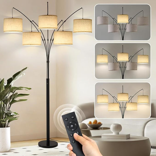 Floor Lamps for Living Room, 4000LM Super Bright Arc Floor Lamp with Remote Control, 5 Light Tall Floor Lamps with Stepless Dimmable, 80" Mid Century Tree Floor Lamp for Bedroom, Office