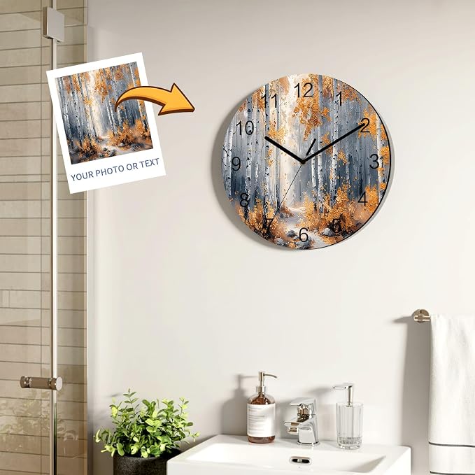 Yellow Forest Painting Art Style Wall Clock Battery Operated Non-Ticking 10" Round Wood Clocks, Kitchen Wall Clock for School Bathroom Living Room Home Office Wall Decor