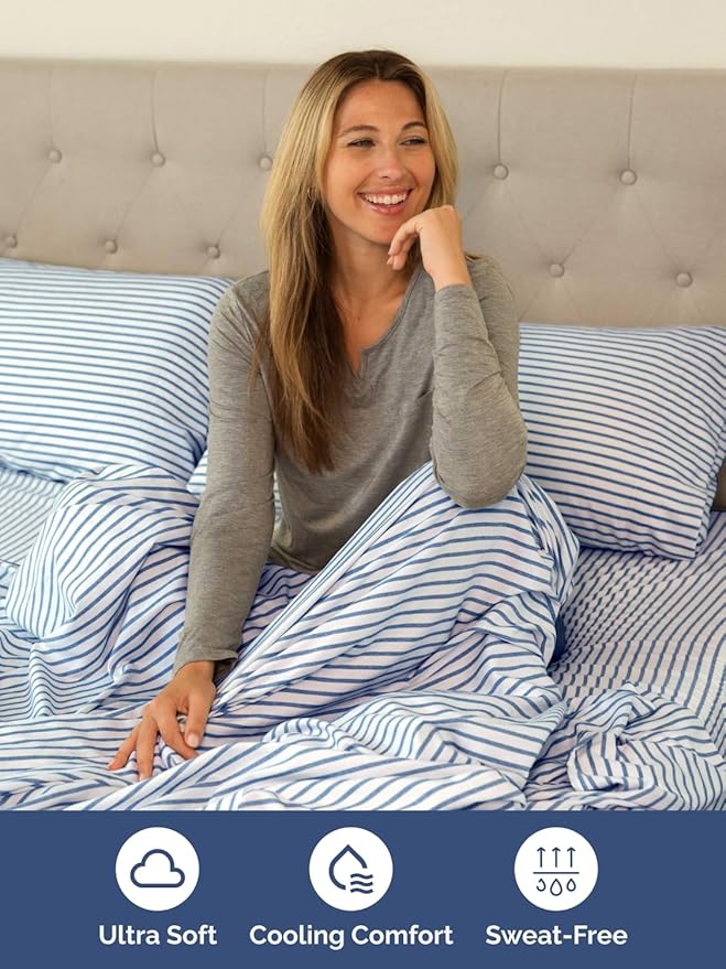 Extra Deep Twin Sheet Set - 4 Piece Breathable and Cooling Sheets - Hotel Luxury Bedding for Women, Men, Kids & Teens - Easy & Secure Fit - Soft and Wrinkle Free - Extra Deep Pockets - Blue Stripes