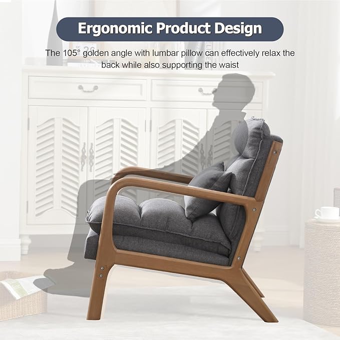 INZOY Accent Chairs Set of 2, Mid Century Modern Accent Chair with Wood Frame, Upholstered Reading Armchair with Waist Cushion, Side Chair for Living Room Bedroom Office, Easy Assembly, Grey