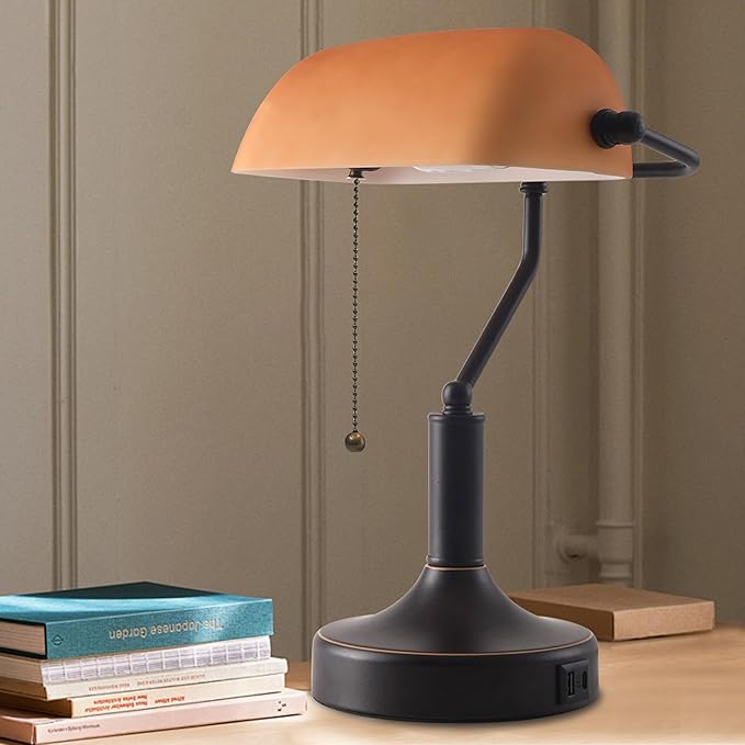 Vintage Bankers Desk Lamp with Pull Chain Switch, Traditional Desk Lamp with USB A and Type C Charging Port, Oil Rubbed Bronze Table Lamp with Amber Glass Shade for Office, Library, Study Room