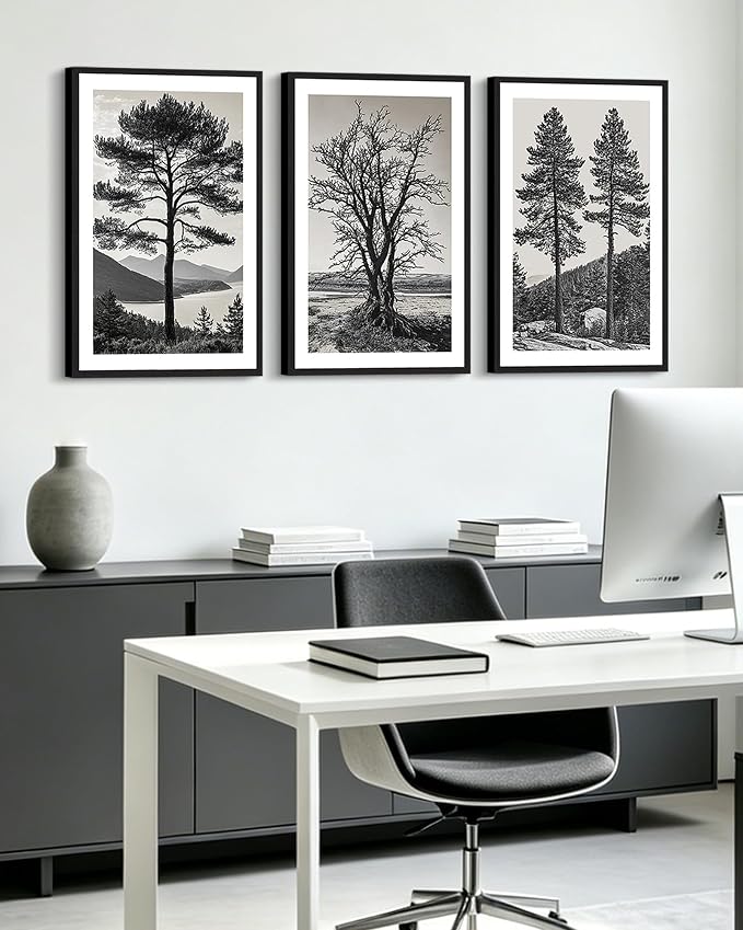 KUVIOKE Vintage Tree Framed Canvas Wall Art Black and White Retro Antique Forest Drawings Nature Wilderness Sketch Wall Painting Modern Decor 16x24in (Black Framed)