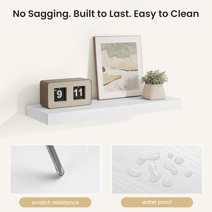 Fun Memories Rustic Floating Wall Shelves, Wall Mounted Wood Storage & Display Shelves for Bathroom, Bedroom, Living Room or Kitchen, (Set of 2, White, 24 in)