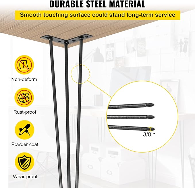 VEVOR Hairpin Table Legs 18" Black Set of 4 Desk Legs 880lbs Total Load Capacity Hairpin Desk Legs 3 Rods for Bench Desk Dining End Table Chairs Carbon Steel DIY Heavy Duty Furniture Legs