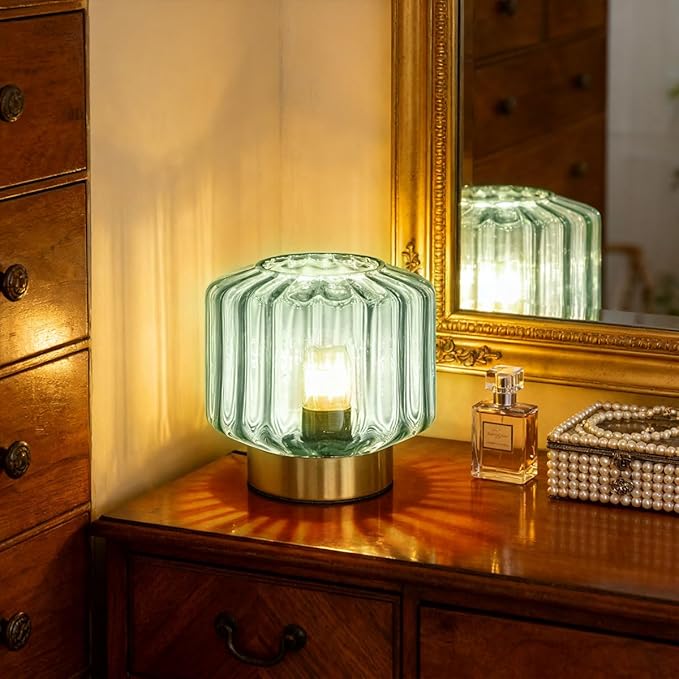 Bedside Table Lamp Touch nightstand lamp with Dark Green Glass Shade Mid Century Modern Table lamp Gold Desk lamp Small Mini Vintage Table Light for end Table Bedroom Living Room Office