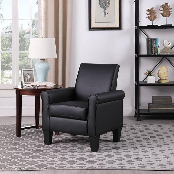 Faux Leather Accent Chair Set of 2, Mid Century Modern Living Room Chair, Upholstered Comfortable PU Leather Armchair for Bedroom, Office or Waiting Areas-Black