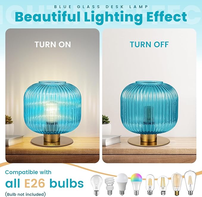 Blue Table Lamps for Bedroom Set of 2, Small Glass Table Lamp Plug in with On/Off Switch, Mid Century Modern Globe Bedside Lamp Coastal Lamps for Bedrooms Living Room Study Room
