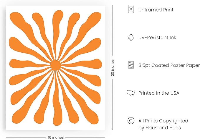 HAUS AND HUES Orange Picture for Wall - Hippie Print Colorful Poster, Trippy Abstract Art Wall Decor, Sun Wall Art Aesthetic (16x20 Unframed)