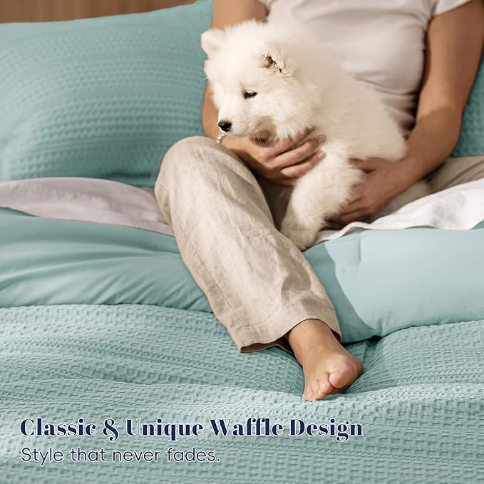 PHF Soft Waffle Comforter Set Queen Size- Comfy Breathable Waffle Weave Comforter with 2 Pillow Shams, 3 Pieces Less Snagging Lightweight Textured Bedding Set for All Season, Aqua