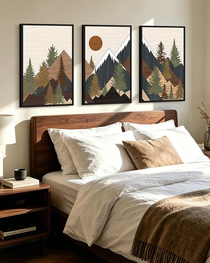 KUVIOKE Morden Mountains Framed Wall Art Boho Pine Tree Forest Nature Landscape Artwork Bohemain Farmhouse Rustic Bedroom Living Room Decor 24x36in (Black Framed)