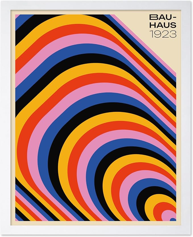 Poster Master Bauhaus Poster - Psychedelic Stripes Print - Abstract Art - Geometric Art - Graphic Design Art - Chic Boho Art - Mid Century Modern Art - Living Room Wall Decor - 8x10 White Framed