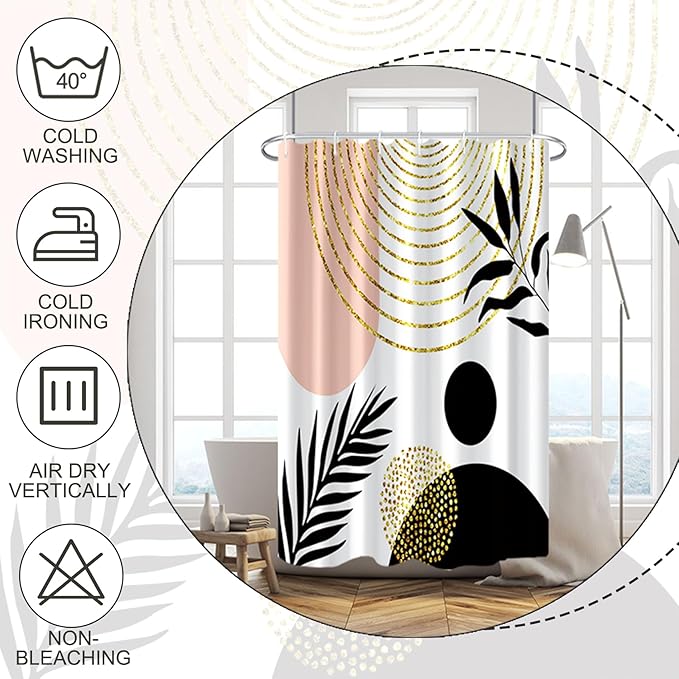 Baocicco Mid Century Shower Curtain Boho Sun Plant Leaves Modern Abstract Gold Geometric Shower Curtains for Bathroom Bathtubs Waterproof Fabric Shower Curtain with Hooks 36x72 Inches