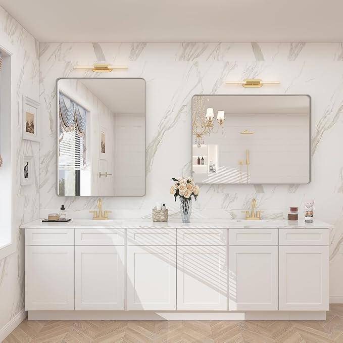 28x36 Silver Bathroom Mirror for Wall, Brushed Metal Framed Bathroom Vanity Mirror, Rounded Corner Rectangle Silver Mirror, Shatterproof, Anti-Rust (Horizontal/Vertical)