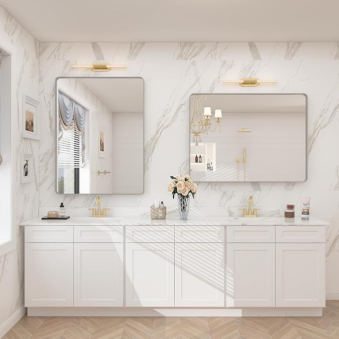 2 Pack of 22x30 Inch Silver Brushed Nickel Bathroom Mirror for Wall, Rounded Rectangle Silver Framed Bathroom Vanity Mirror, Anti-Rust, Shatterproof, Hangs Horizontally or Vertically