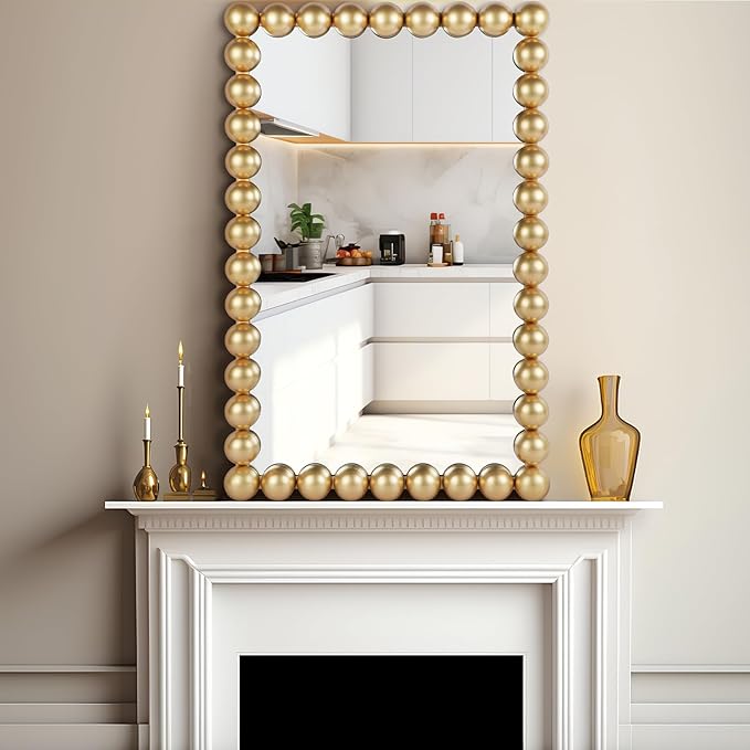 Decorative Beaded Wall Mirror – Modern Rectangular Accent Mirror, 20″x30″, for Living Room, Bedroom, Bathroom, Entryway & Office – Available in Gold, Black, & White (Gold)