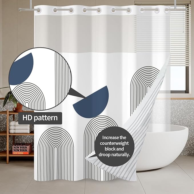 No Hook Boho Shower Curtain with Snap in Liner Set White Mid Century Shower Curtain for Bathroom Hotel Style Washable Fabric 71x74 Inch