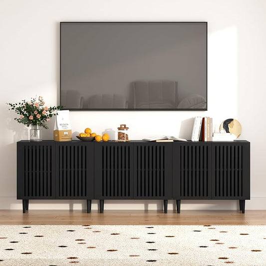 CHUWELL Farmhouse Storage Cabinet Set of 3, 94.5" Buffet Cabinet with 6 Doors and Adjustable Shelf, Sideboard Coffee Bar with Solid Wood Feet for Kitchen,Dining Room,Living Room,Black