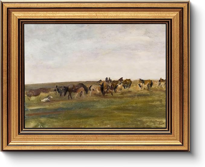 HUARCEY Gold Framed Vintage Wall Art for Living Room, Animals Painting Prints Shelf Decor for Kitchen, Aesthetic Bedroom Wall Art, Best Gifts for Friends or Family - Horses in the Meadow 10L x 8W