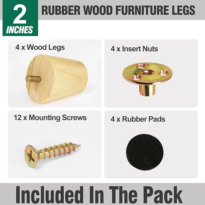 FoDau770 Rubber Wood Furniture Legs 2 Inches, Slant Tapered Wood Feet Mid Century Sofa Legs Set of 4, 5/16" UNC Furniture Feet Replacement Parts for Cabinet Couch Dresser Chair Ottoman Table